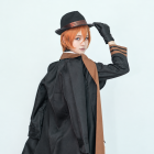 Chuuya costume long black coat seen from behind, with brown lapel and striped cuff