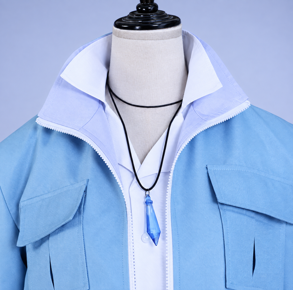 Eiden outfit's raised pale collar, blue pendant necklace and light blue jacket pockets