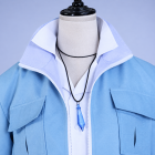 Eiden outfit's raised pale collar, blue pendant necklace and light blue jacket pockets