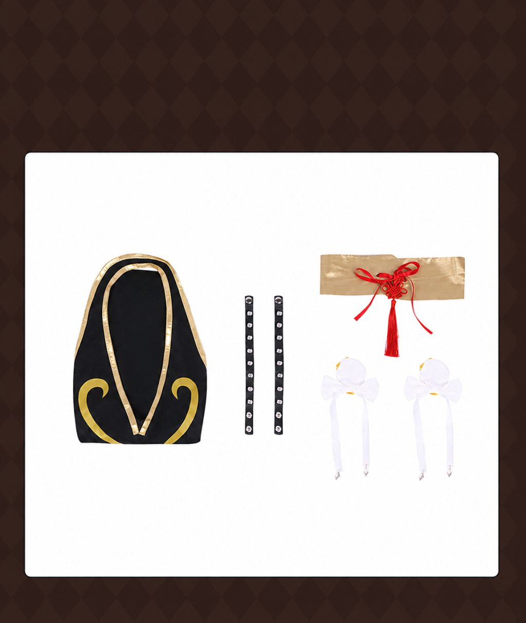 Black Chun-Li outfit components with waist accessory wristbands and hair ornaments
