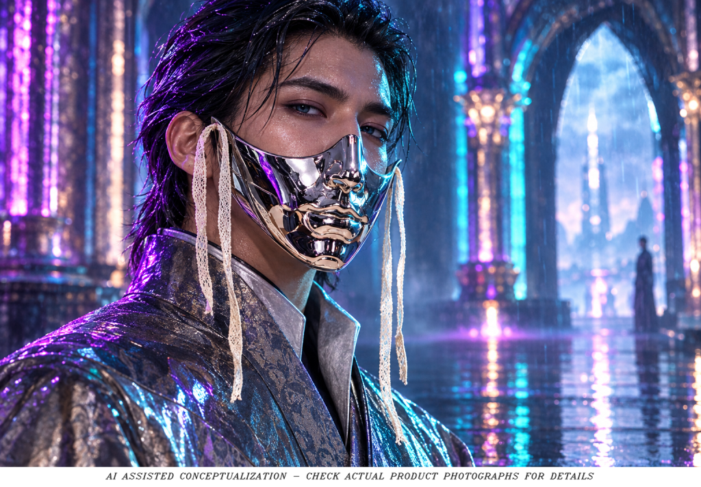 Fantasy styling concept with silver mechanical lower-face mask in a neon palace