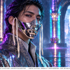 Fantasy styling concept with silver mechanical lower-face mask in a neon palace