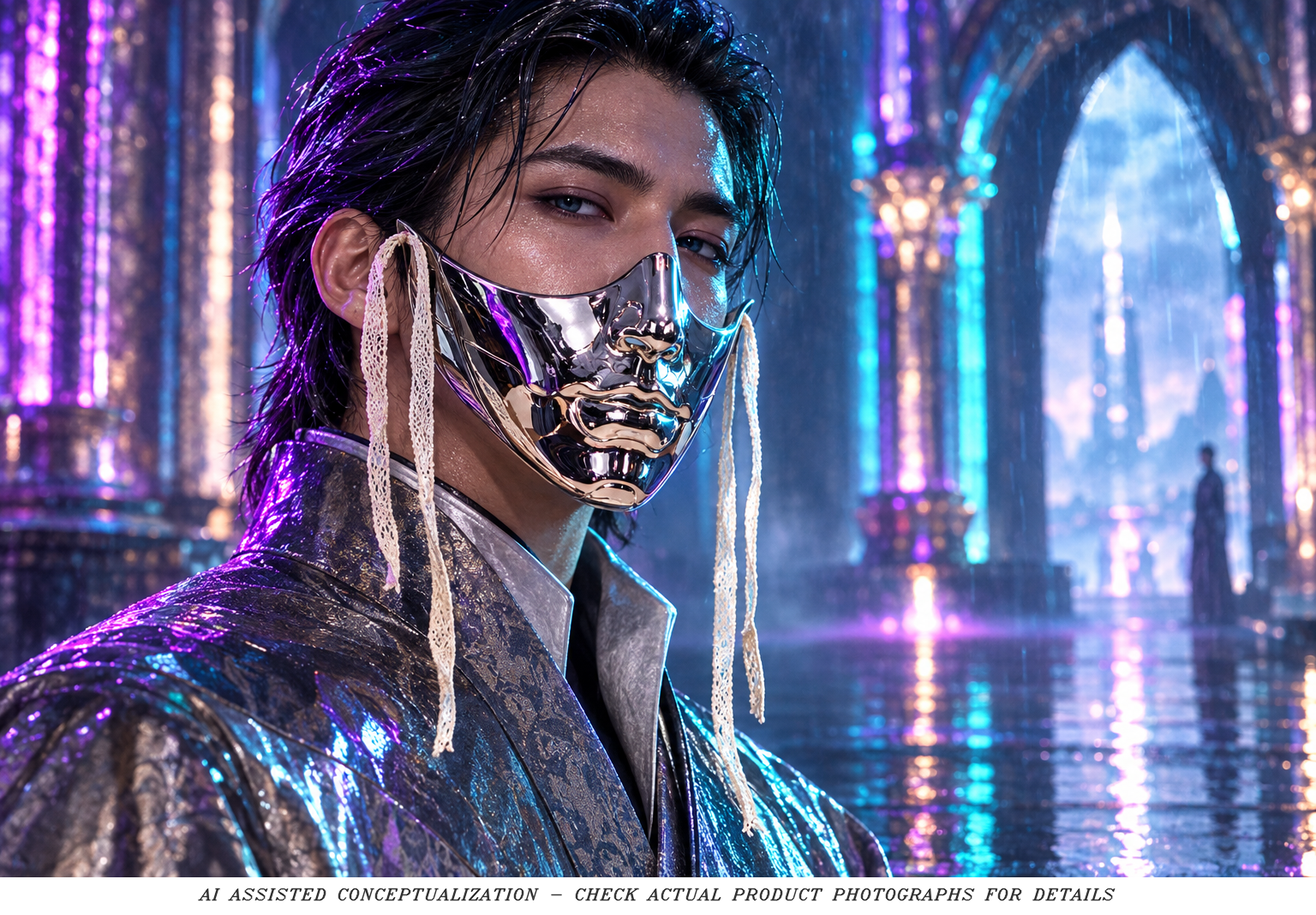 Sculpted &Amp; Mechanical Lower-Face Masquerade Mask 28 Fantasy styling concept of a silver mechanical lower-face mask in a neon palace