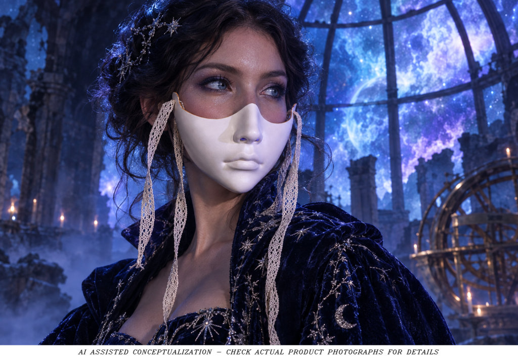 Fantasy styling concept with white sculpted lower-face mask in a starlit observatory