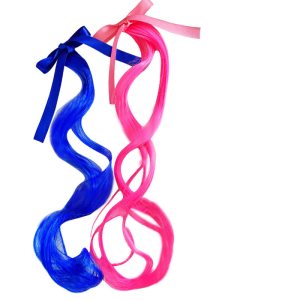 One blue and one pink clip-in hair piece shown to illustrate color styling