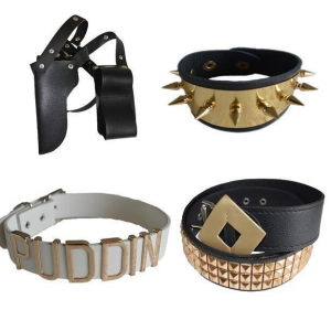 Four wearable costume accessories displayed separately