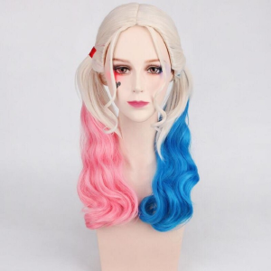 Blonde pigtail wig with pink and blue ends