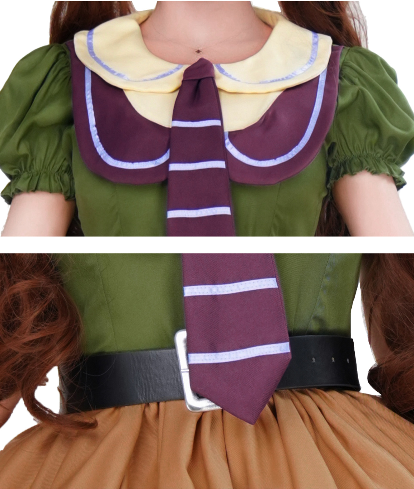 Green bodice and purple striped tie close-up