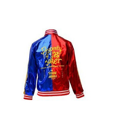 Embroidered lettering on the back of the red and blue jacket