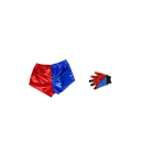 Red-and-blue shorts and matching gloves