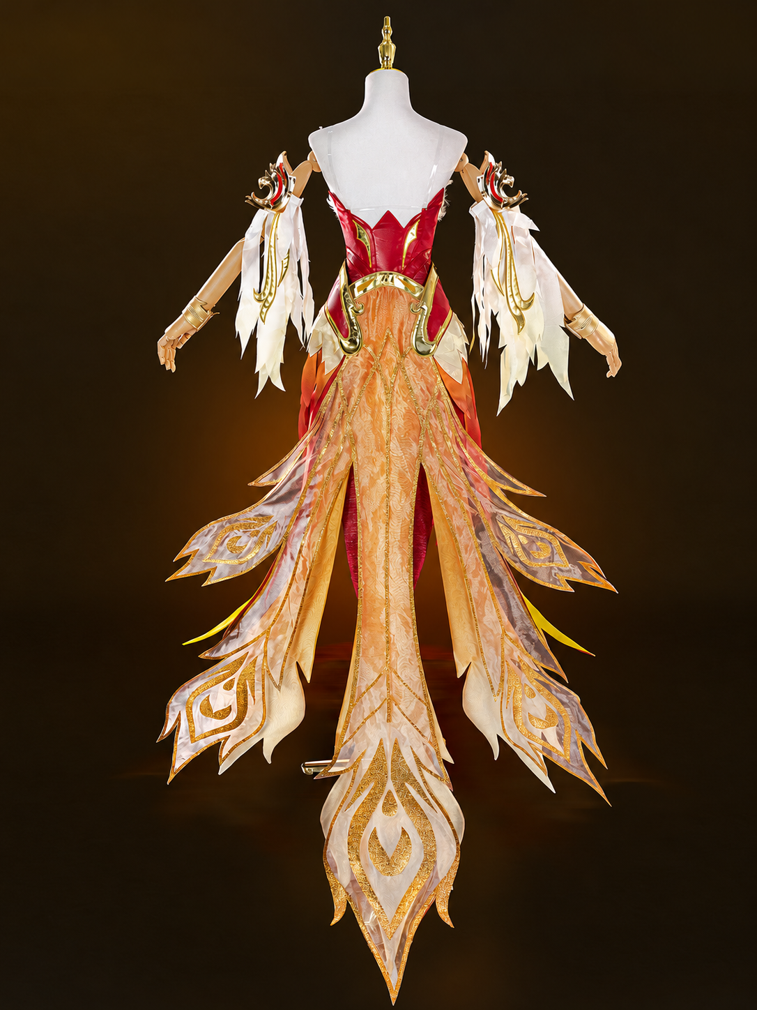 Rear view of the costume's long layered phoenix panels