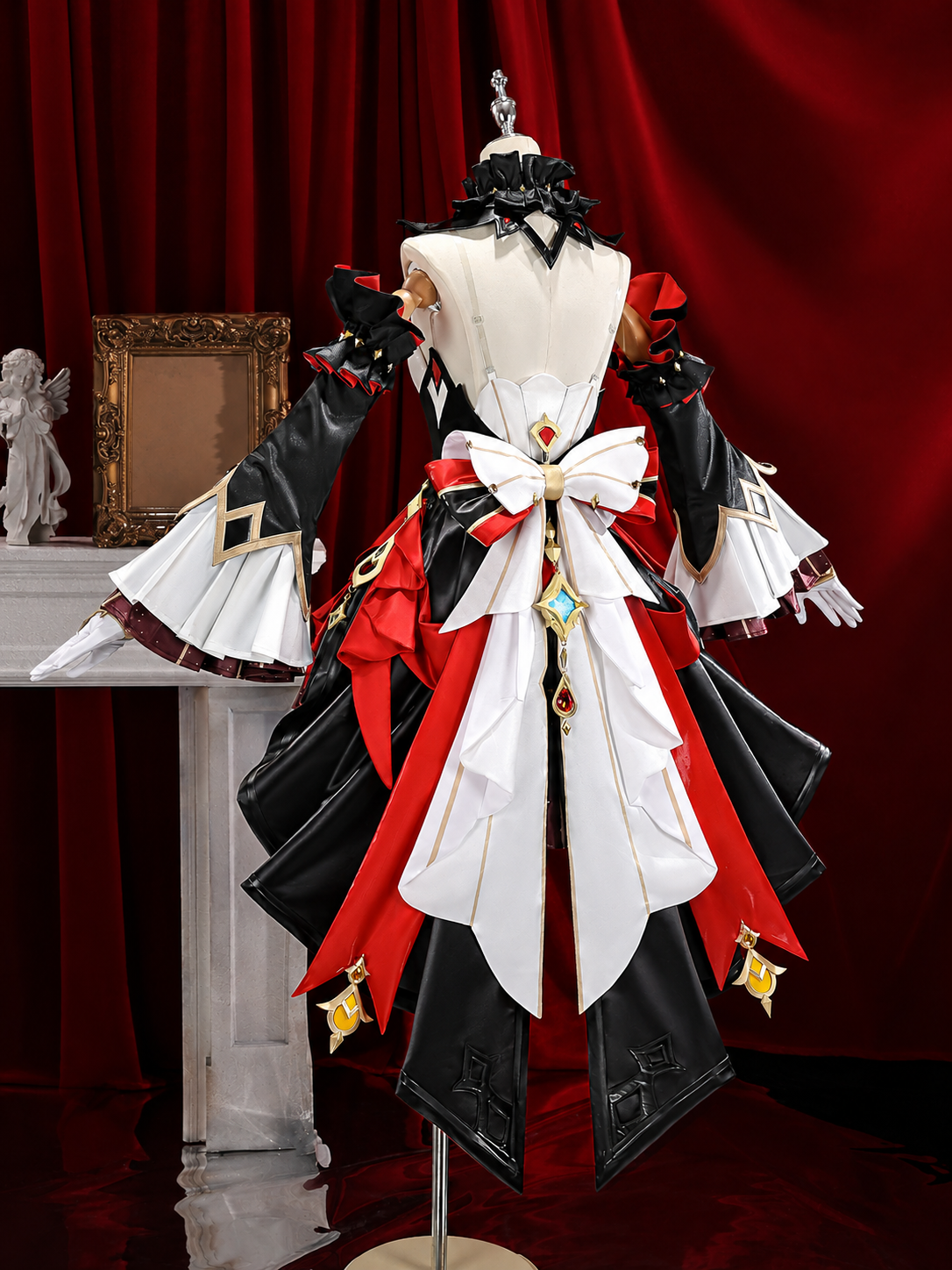 Rear of Sandrone costume showing the bow and layered trailing panels