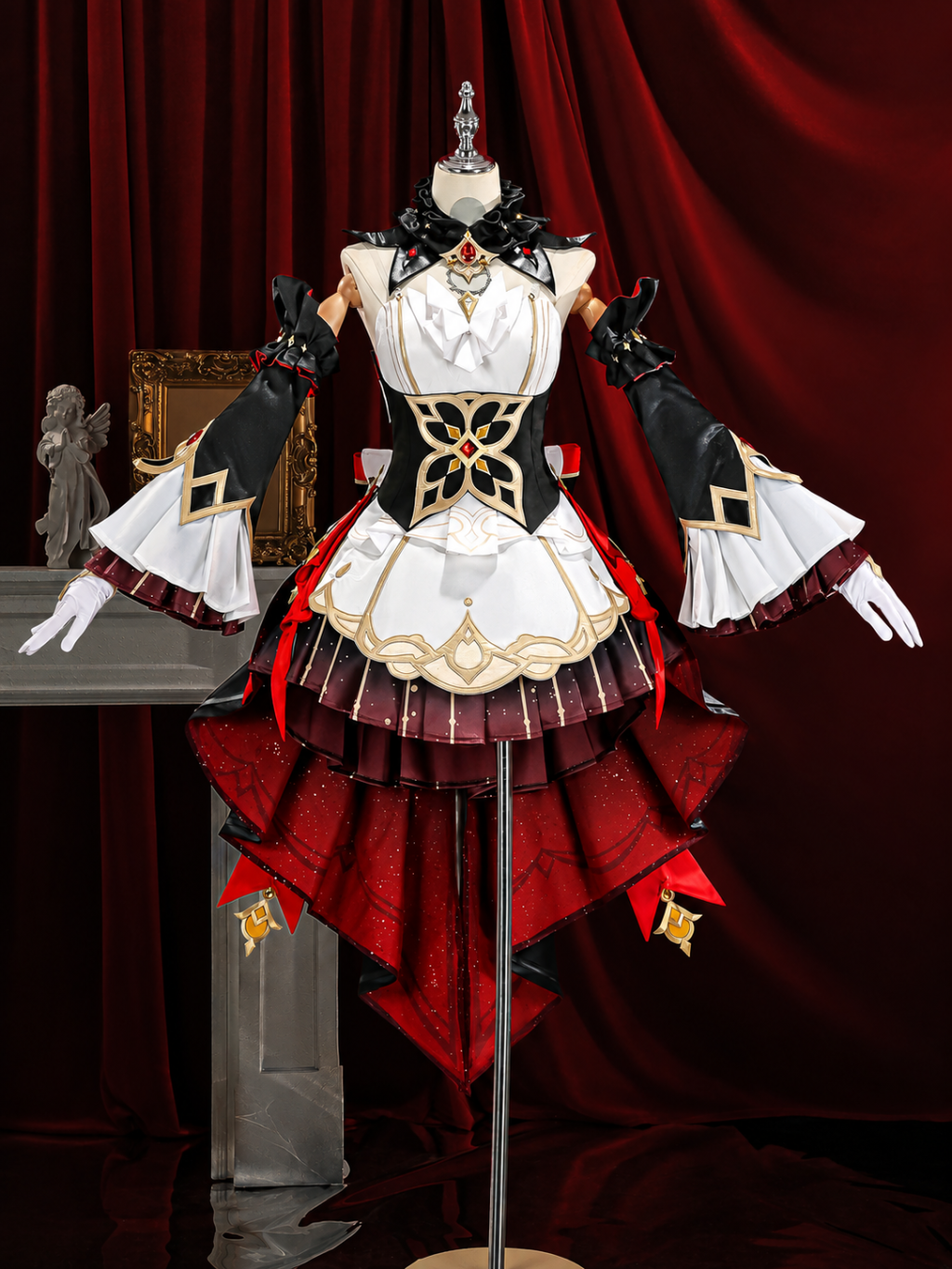 Sandrone costume front with white bodice, black gold-edged waist and layered red skirt