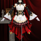 Sandrone costume front with white bodice, black gold-edged waist and layered red skirt