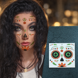 Orange flower and green flourish festival face tattoo placement
