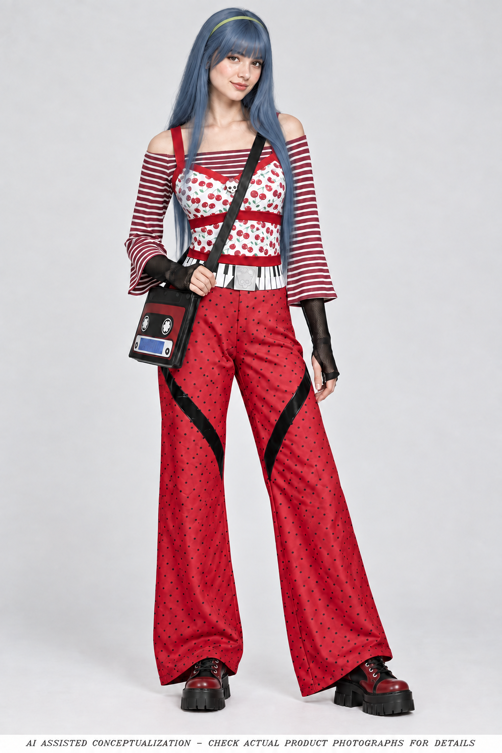 Illustrative Ghoulia costume styling with muted blue hair; optional wig photographed separately