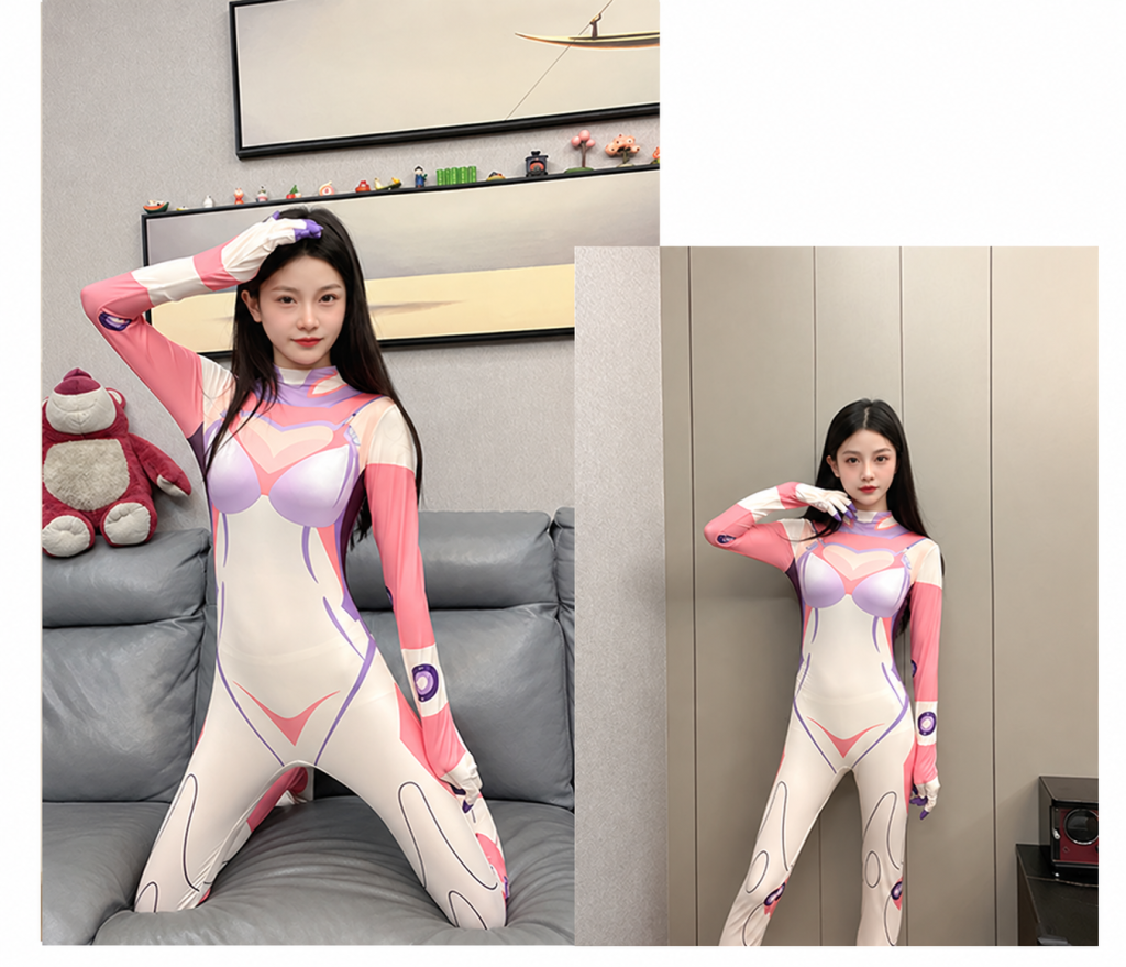 Daji white and pink standard bodysuit on model; plush and model hair not included