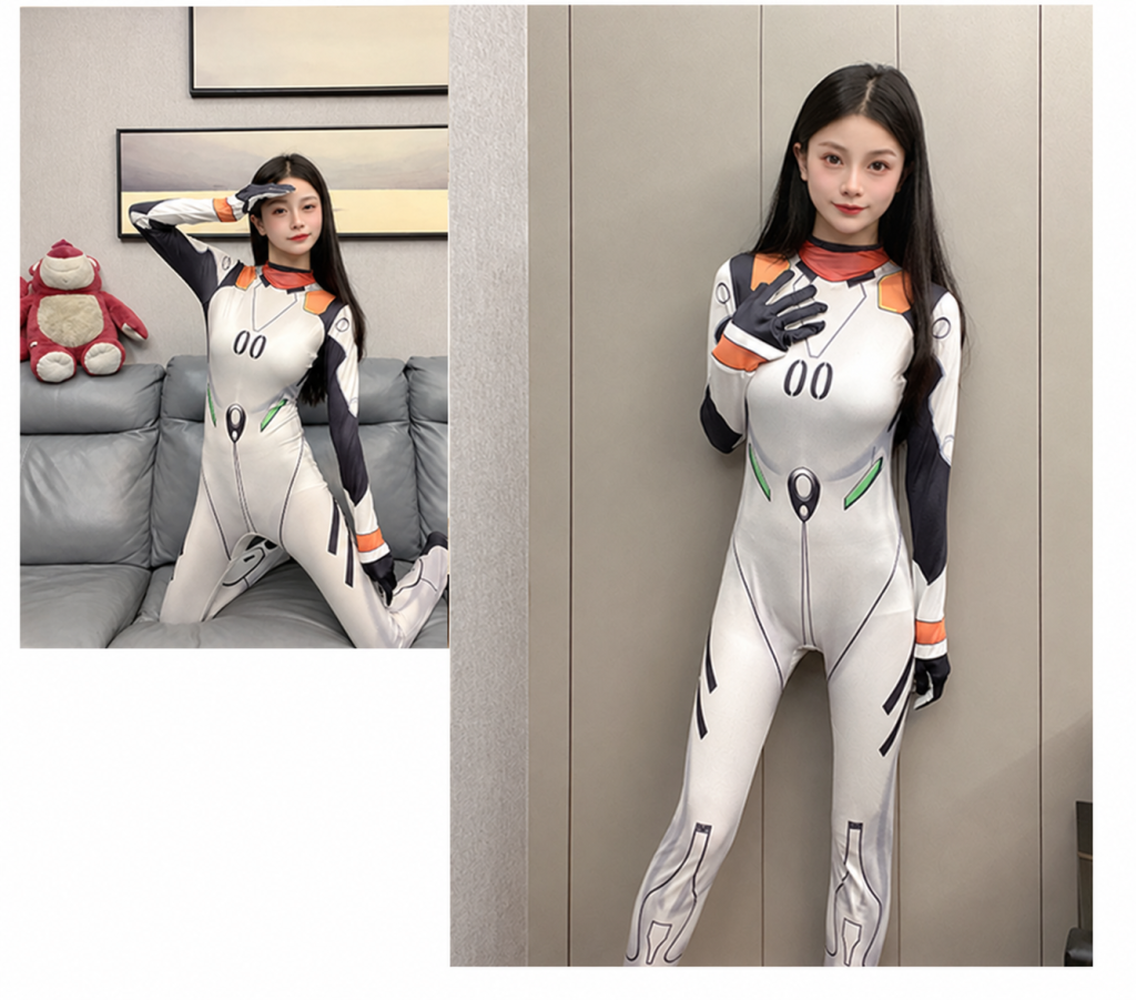 Rei Ayanami white and black standard cosplay bodysuit on model