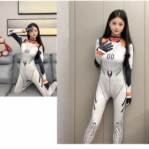Rei Ayanami white and black standard cosplay bodysuit on model