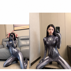 Black and gray spider web print standard bodysuit on model
