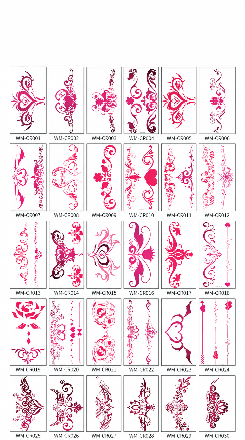 WM-CR001 through WM-CR030 numbered pink tattoo motifs