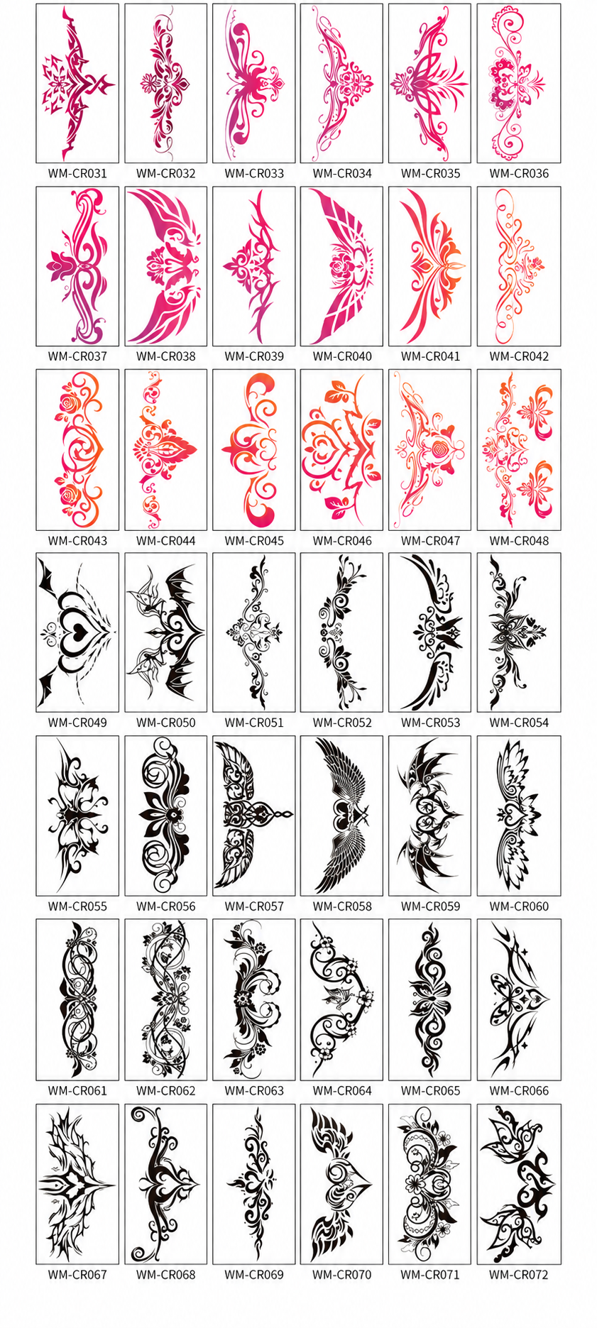Ornamental Chest And Waist Temporary Tattoo – 72 Designs 12 WM-CR031 to WM-CR072 numbered pink and black tattoo designs