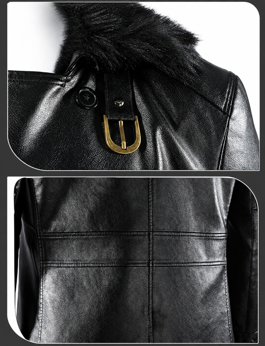 Leon black coat fur-look collar, lapels and shoulder detail
