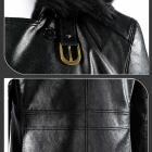 Leon black coat fur-look collar, lapels and shoulder detail