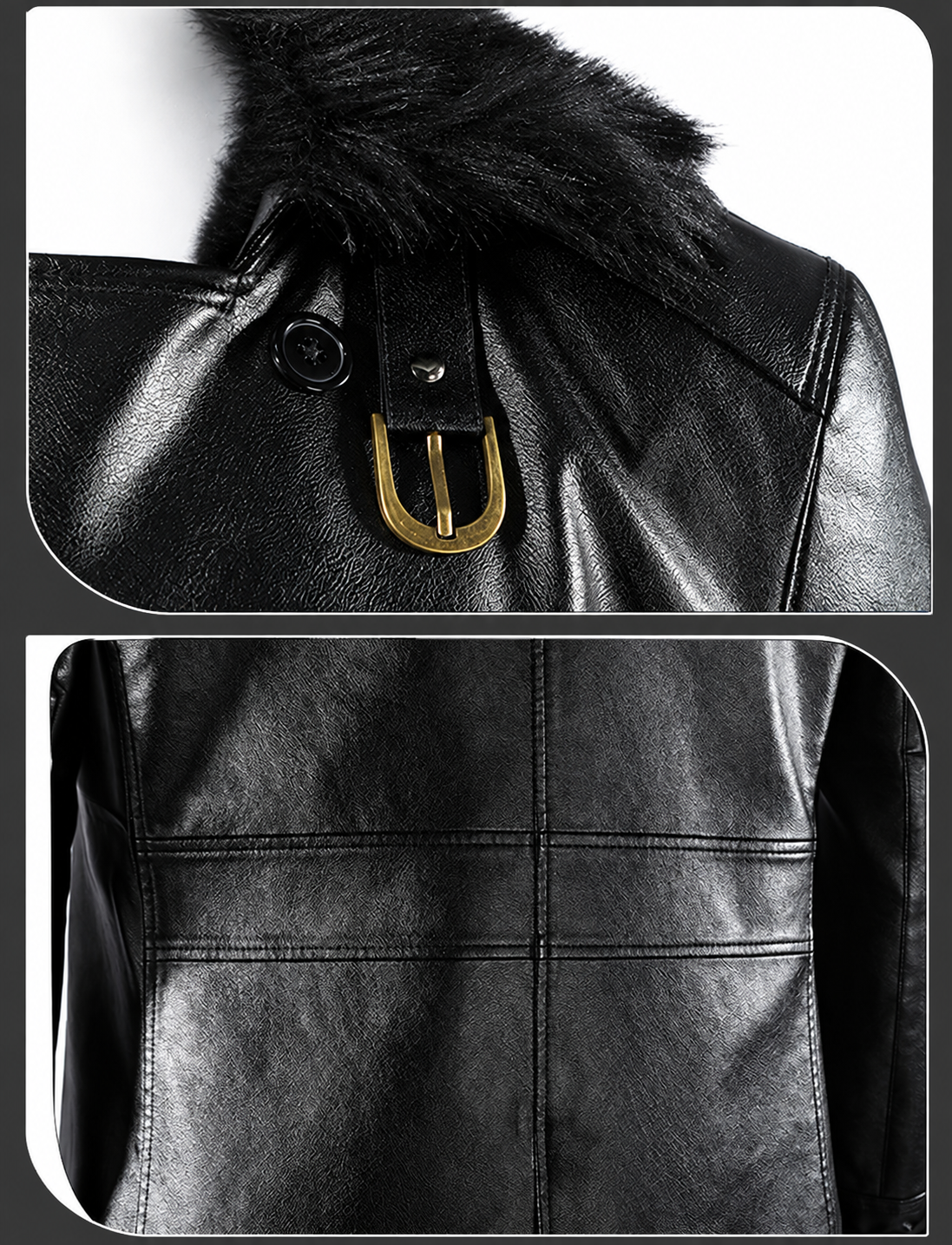 Coat collar, lapels and shoulder buckle detail