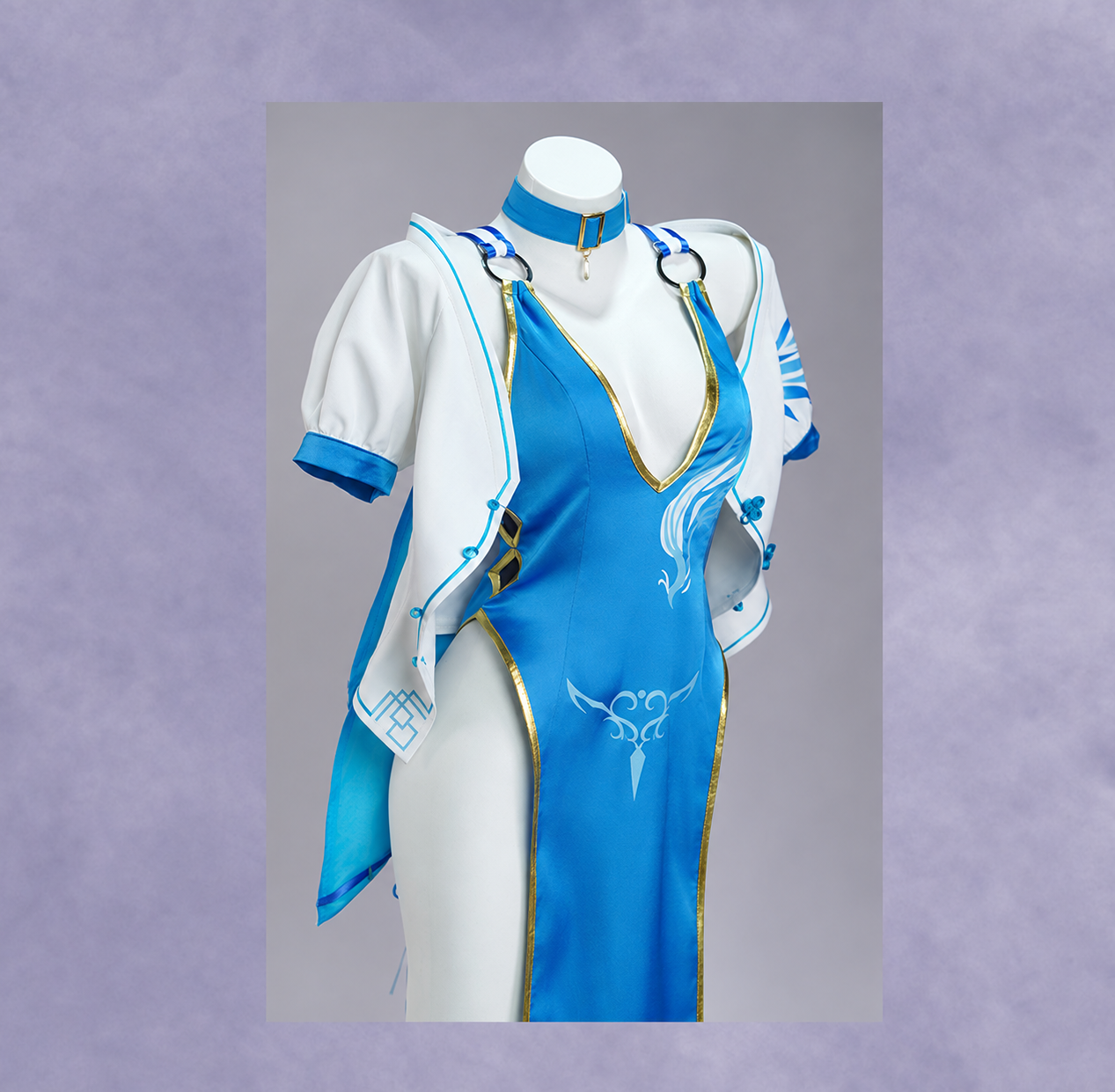 PA-15 costume blue bodice with gold trim and white short jacket
