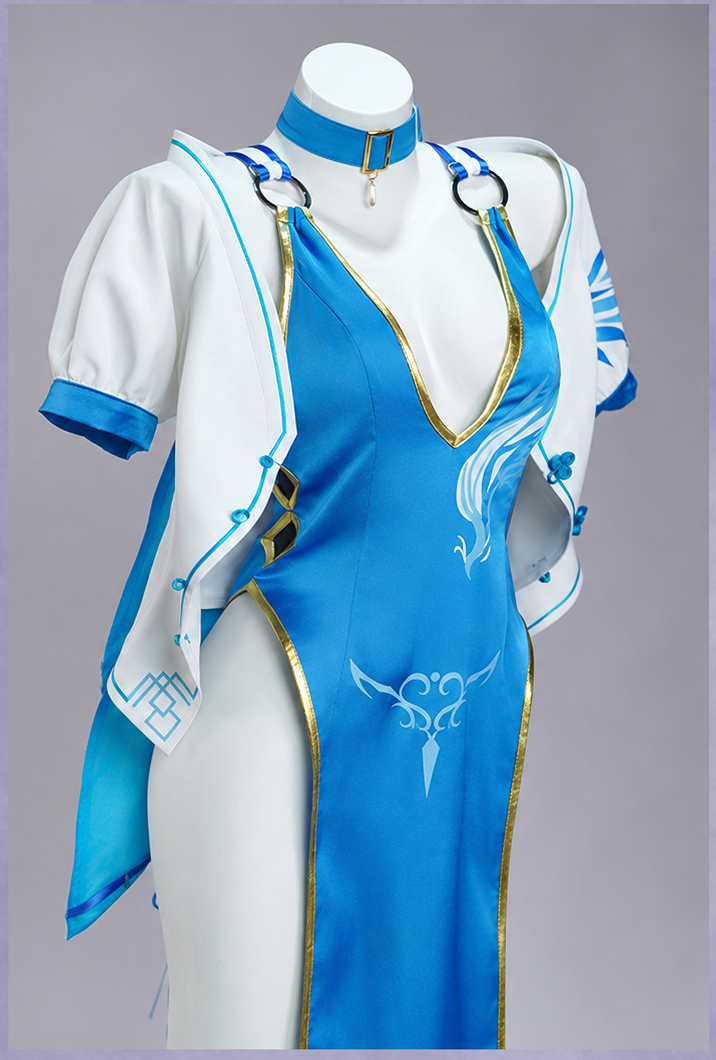 PA-15 blue neckline and white blue-trimmed short jacket close-up