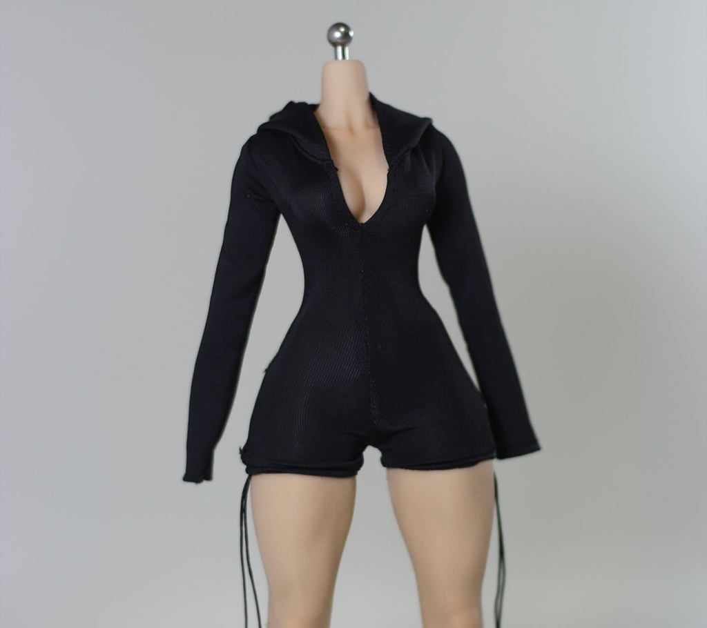 Black DMTOYS DF099 hooded short-leg figure romper on headless display figure, figure excluded