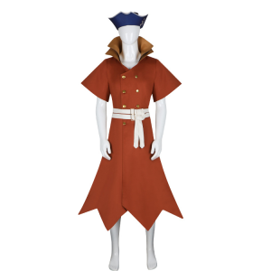 Dr. STONE Ryusui Nanami coat costume with navy hat and white belt, front view