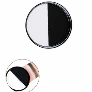 Black and white split-pot face paint with wrist color swatches