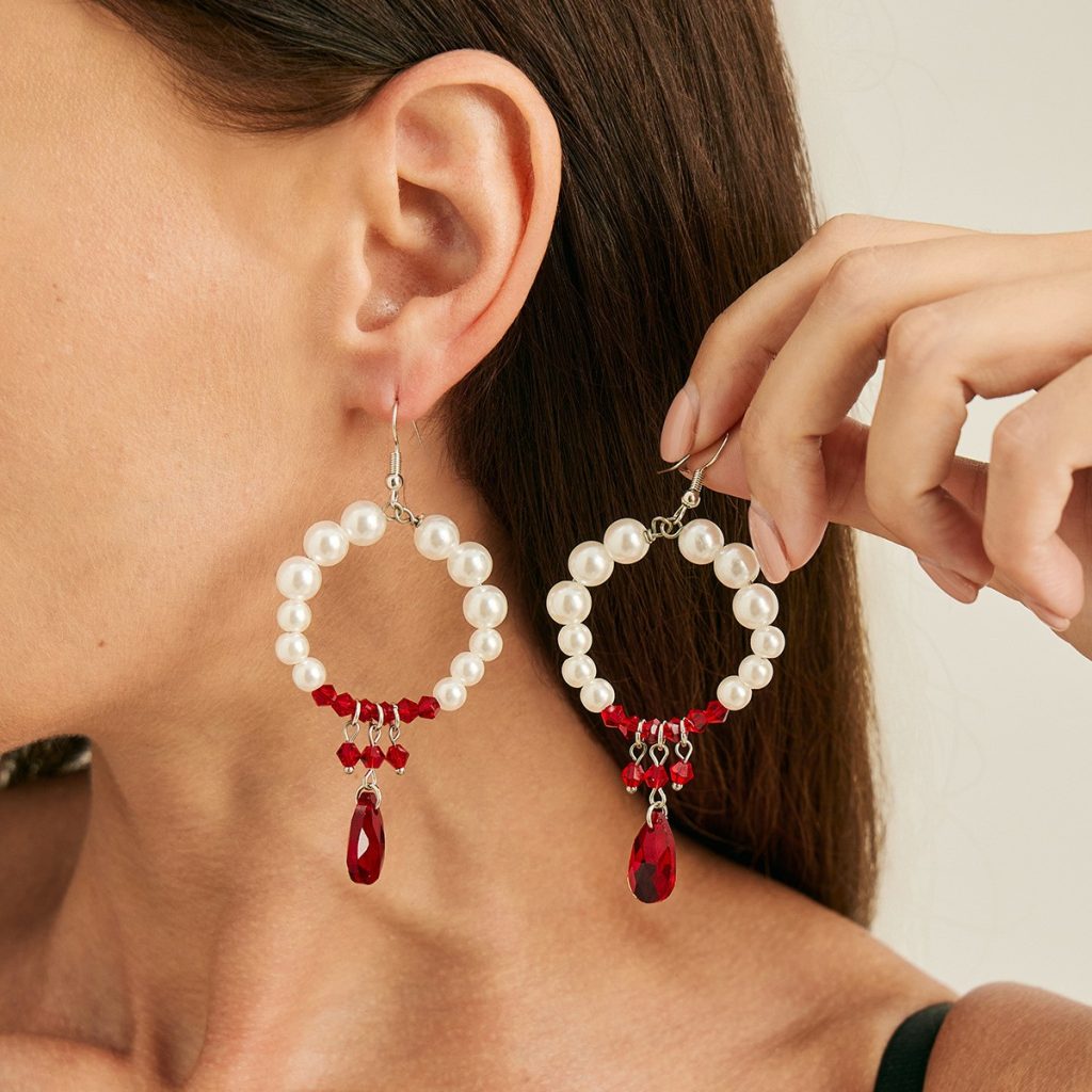 Red and White Vampire Chandelier Earrings — Red and white chandelier pair