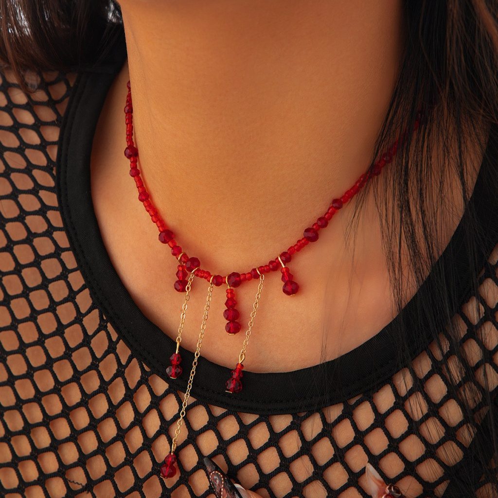 Vampire Bead and Blood-Drop Necklaces — Red asymmetric tassels