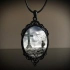 Gothic Illustrated Oval Pendant Necklaces — Moonlit graveyard