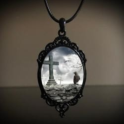 Gothic Illustrated Oval Pendant Necklaces — Moonlit graveyard