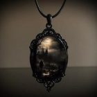 Gothic Illustrated Oval Pendant Necklaces — Moonlit churchyard