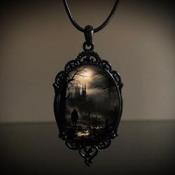 Gothic Illustrated Oval Pendant Necklaces — Moonlit churchyard