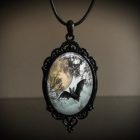 Gothic Illustrated Oval Pendant Necklaces — Bats in moonlight