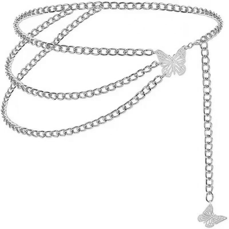 Openwork Butterfly Layered Waist Chain — Silver-colored