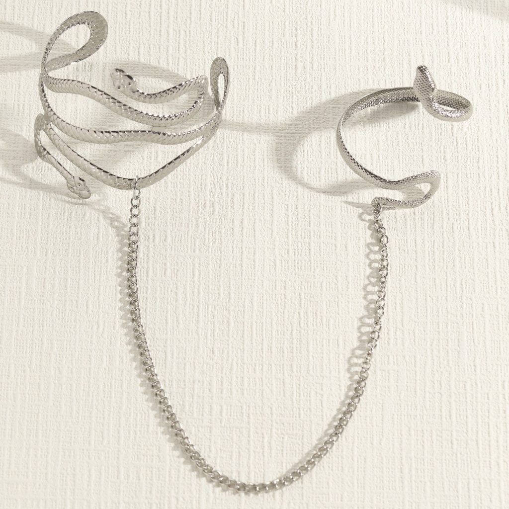 Linked Serpent Upper-Arm and Wrist Cuffs — Silver-colored