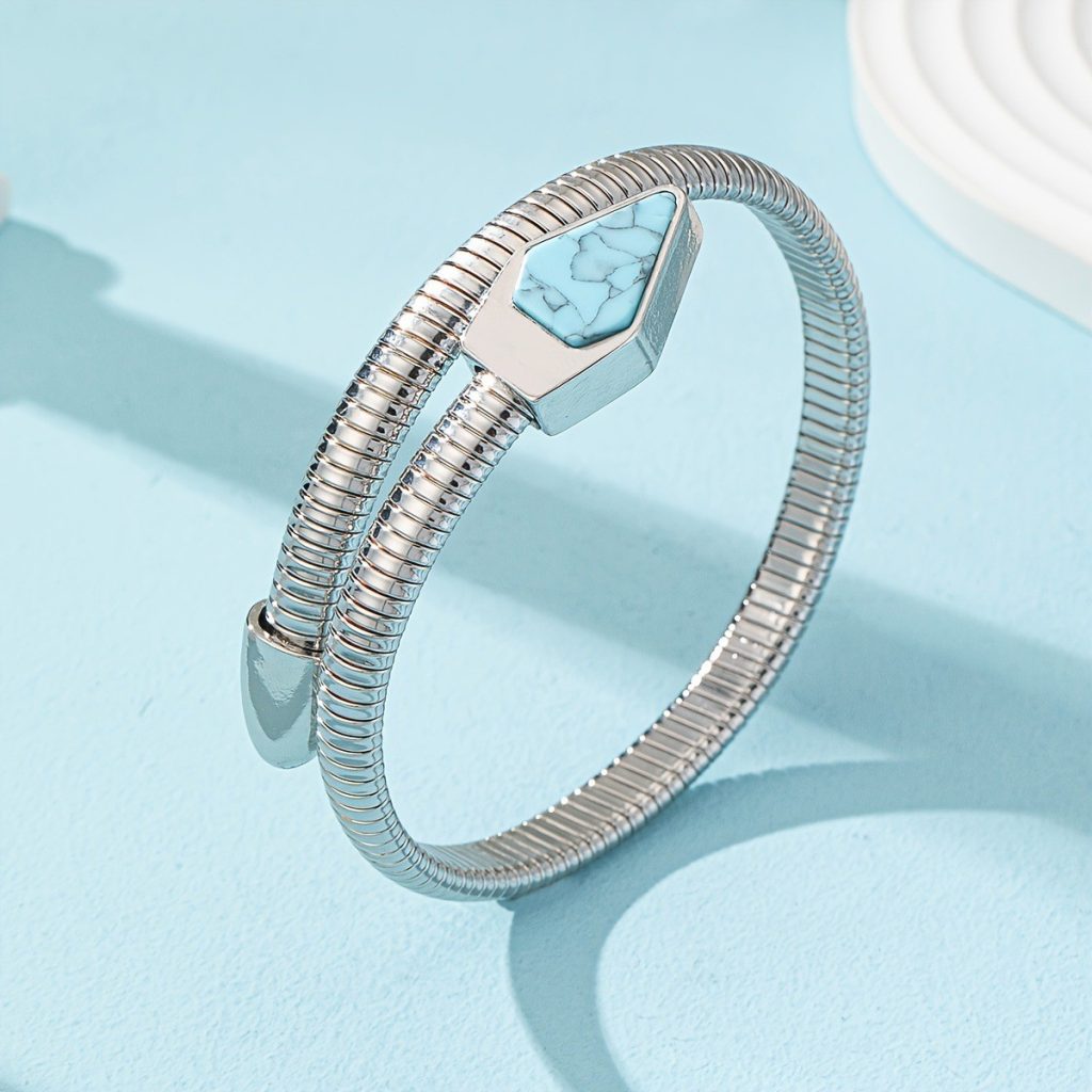 Colored Geometric Snake-Chain Arm Cuff — Blue / silver-colored