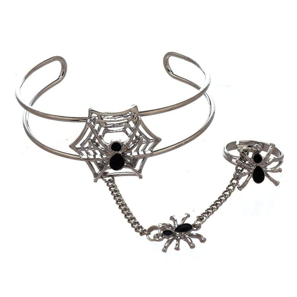 Spider Ring-Linked Wrist Cuff — Silver-colored