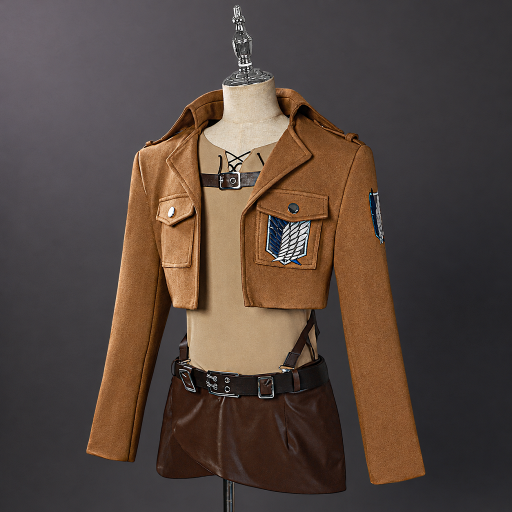 Eren Scout costume with tan lace-front top and brown jacket