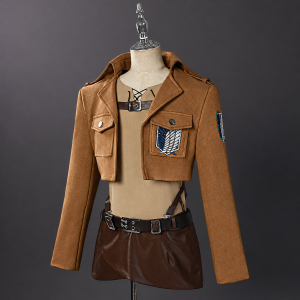 Eren Scout costume with tan lace-front top and brown jacket