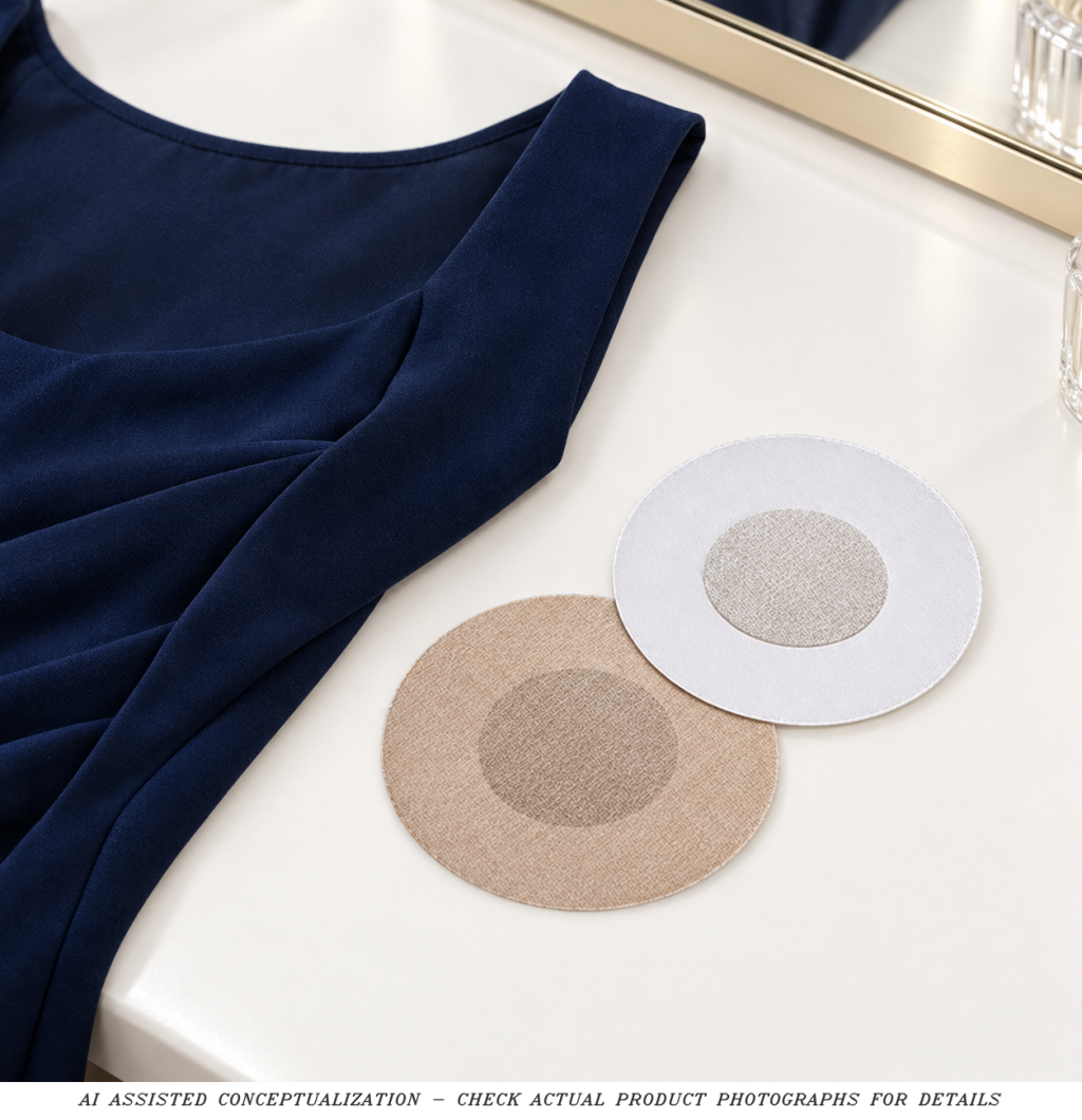 Disclosed AI styling concept with round fabric covers beside a navy top