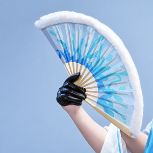 Blue-and-white PA-15 folding fan held in a black glove