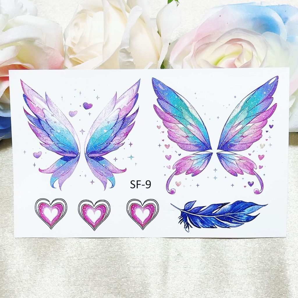 SF-9 pastel fairy wings, pink hearts and blue feather transfer sheet